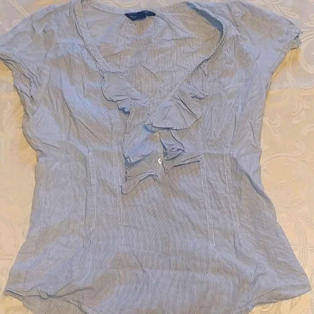 AEO Half Button Ruffled Pin Striped V-Neck Top